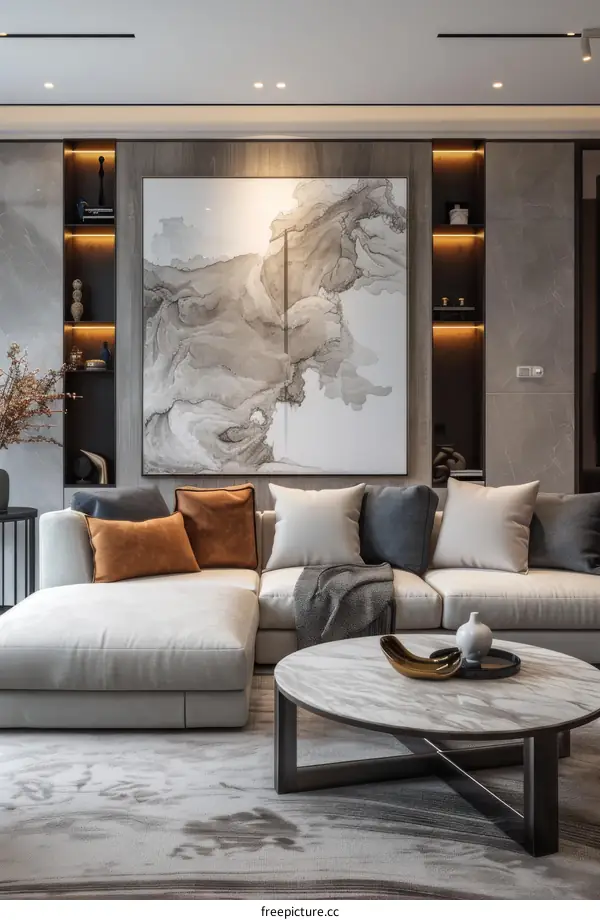 Modern living room interior with large abstract painting on the wall