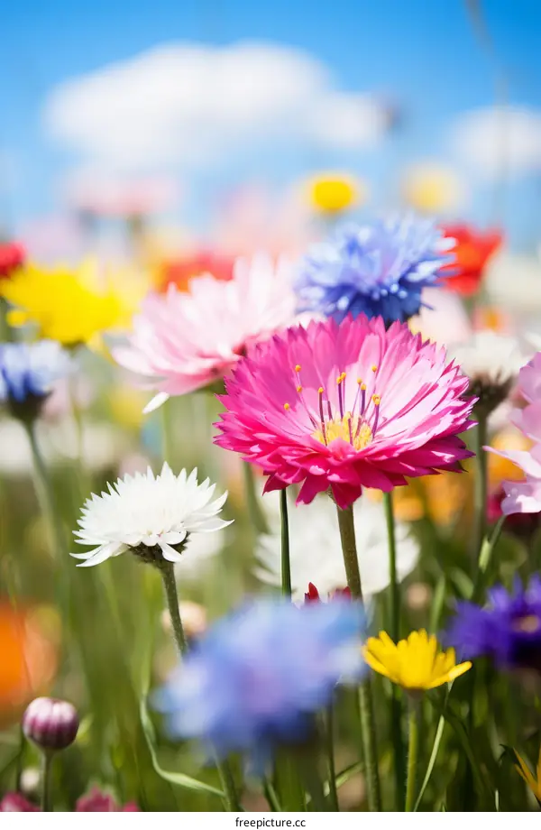 Close-up of a variety of colorful flowers in a field
