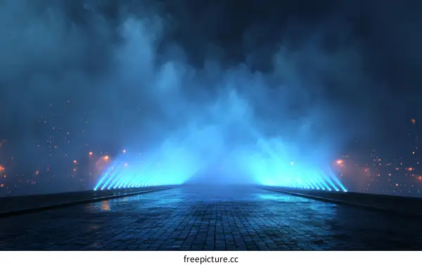 Night Fountain Show with Blue Light in Foggy Weather