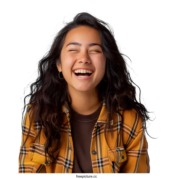 [Transparent Background PNG]Happy Asian Woman Laughing In Plaid Shirt