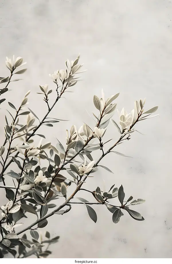 Branch of Green Leaves on a Gray Background