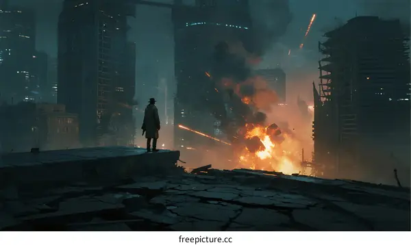 A lone figure stands amid burning city ruins after disaster