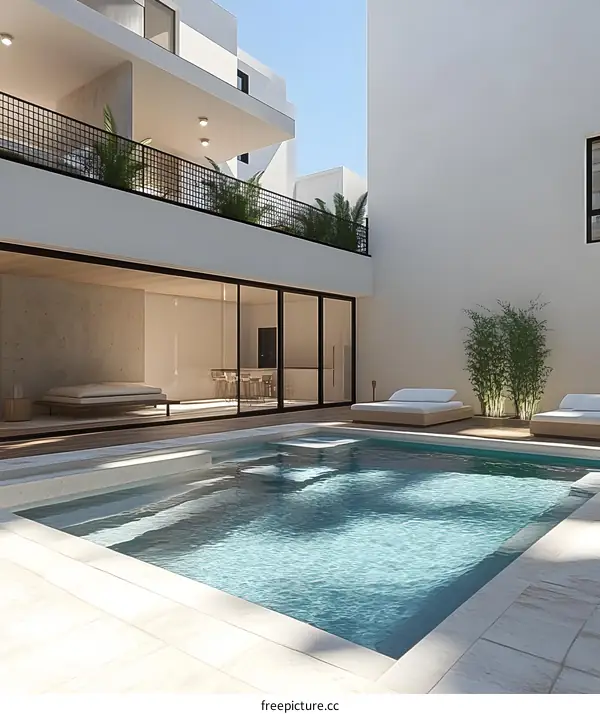 Modern Minimalist Swimming Pool Design with Patio and Balcony