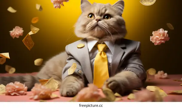 Ginger Cat in Suit and Tie Poses on Pink Table with Yellow Background