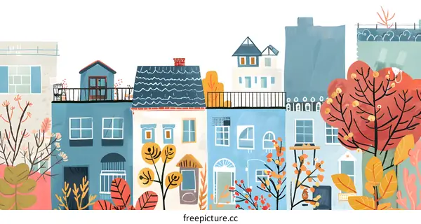Colorful Illustration of Row of Houses With Trees