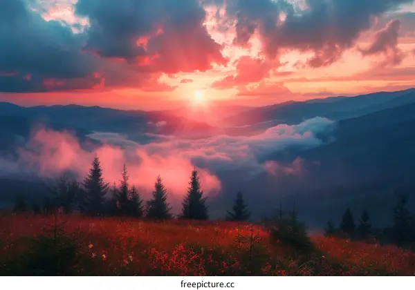 Spectacular Sunset over Majestic Mountain Peaks and Coniferous Forest