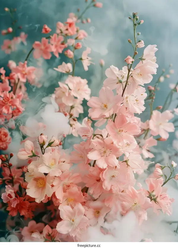 ethereal pink flowers in a blue mist