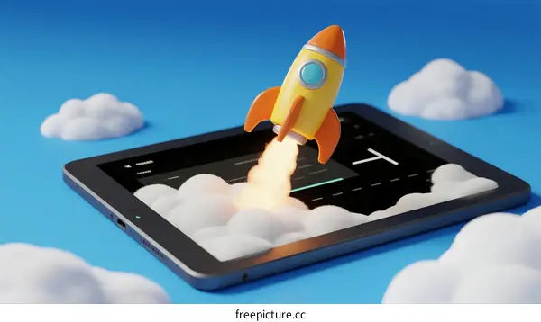 Rocket Launching from Digital Tablet with Clouds Background