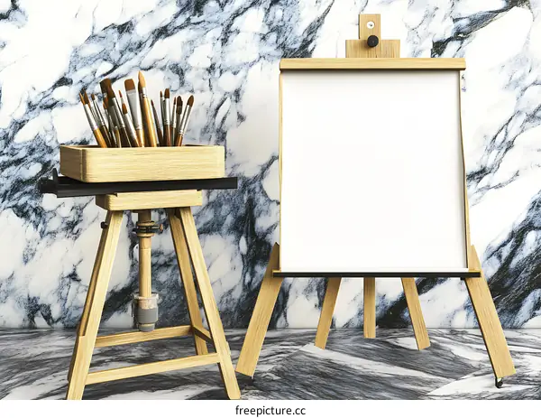 Empty Canvas On Easel With Paint Brushes