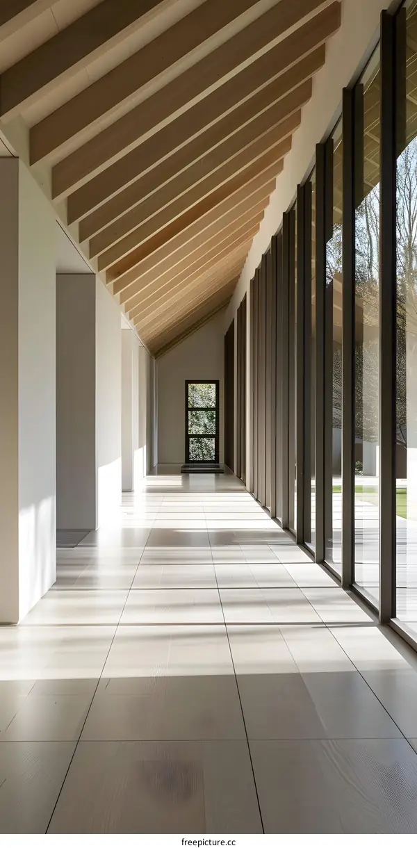 Modern Minimalist Hallway Interior Design with Wooden Beams and Large Windows