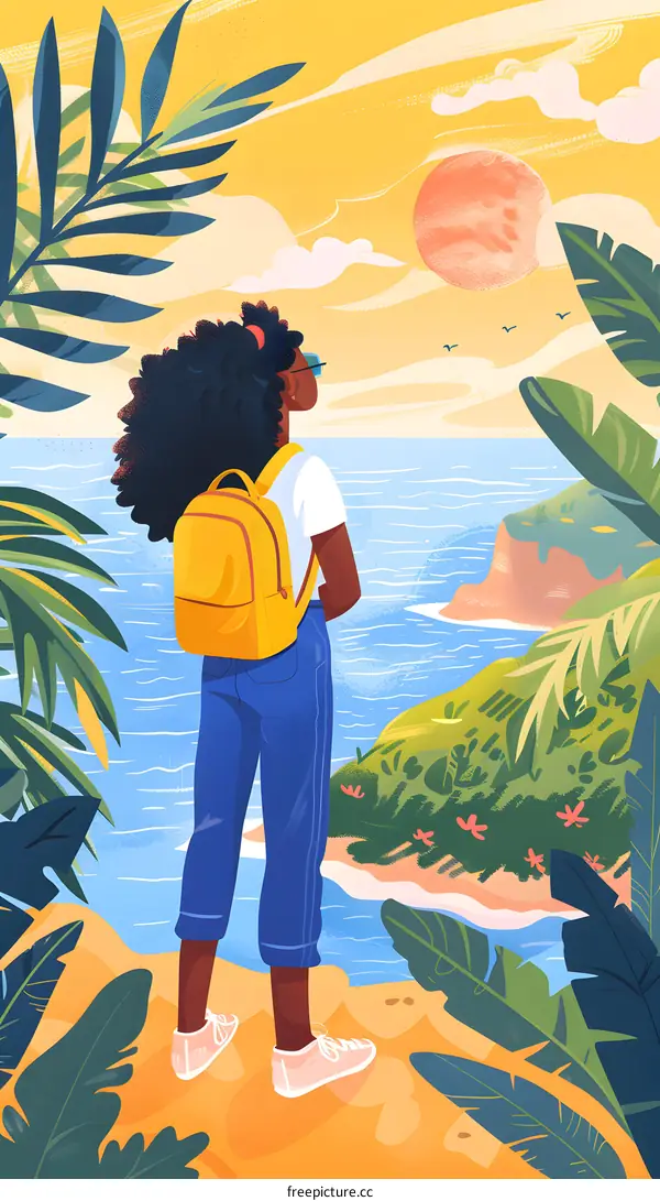 Woman with Backpack Looking at the Ocean