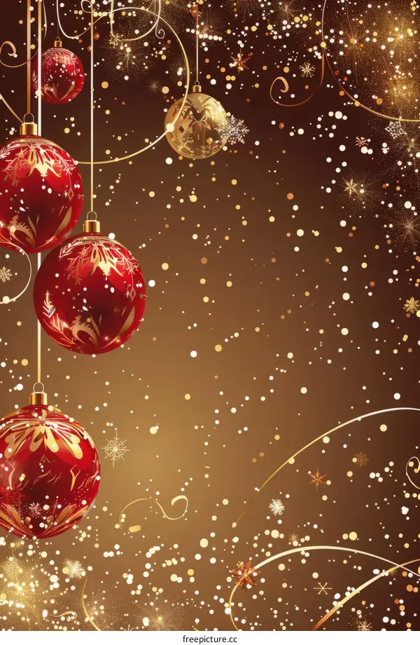 Christmas background with hanging red and gold ornaments