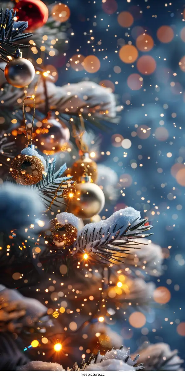 Sparkling Christmas Tree with Golden Ornaments and Lights