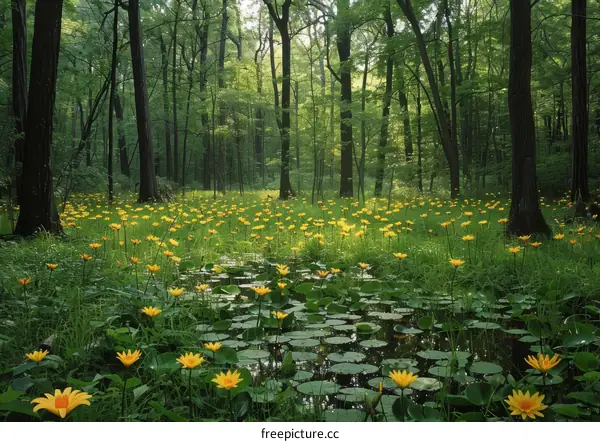 Golden Symphony A Tapestry of Yellow Water Lilies in a Sunlit Forest