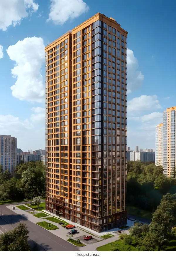 Modern High Rise Apartment Building with Surrounding Greenery