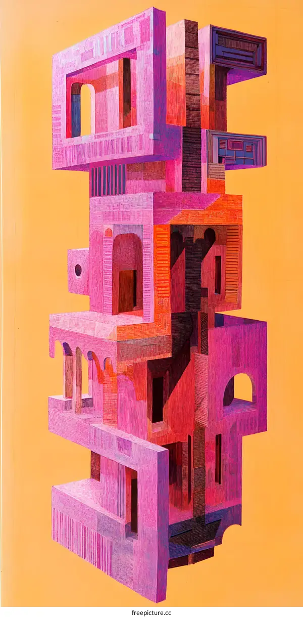Abstract Art Illustration of a Pink Building with Yellow Background