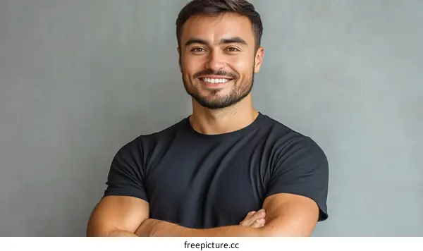 Confident Man in Black T-Shirt Against Gray Background