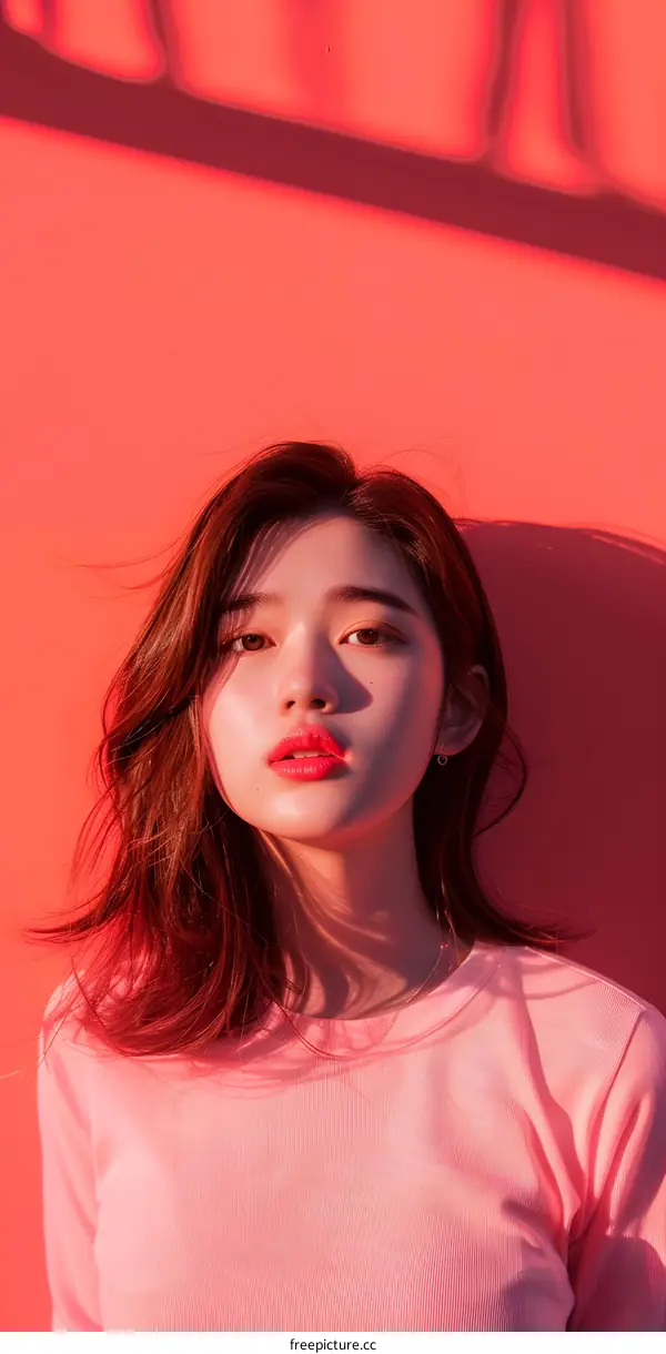Portrait of a Young Asian Woman with Red Lips against a Pink Wall