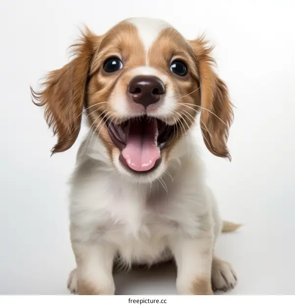 Small and cute puppy with brown and white fur