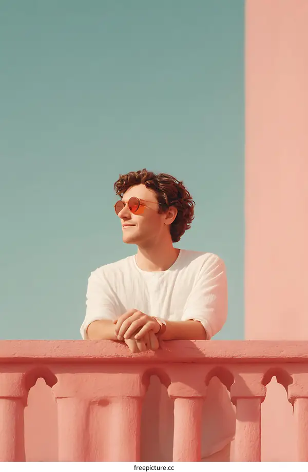 Stylish Caucasian Man Leaning on Pink Balcony with Pastel Colors