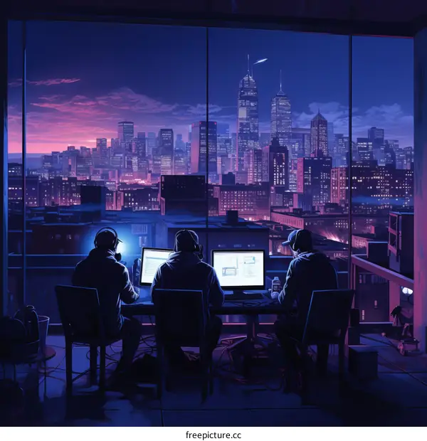 Three people wearing headphones working on computers in a room with a city skyline in the background