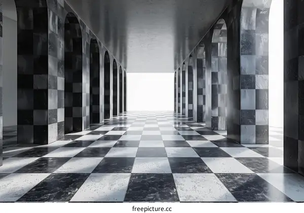 Black and white marble checkered floor tiles in an empty room with arched openings