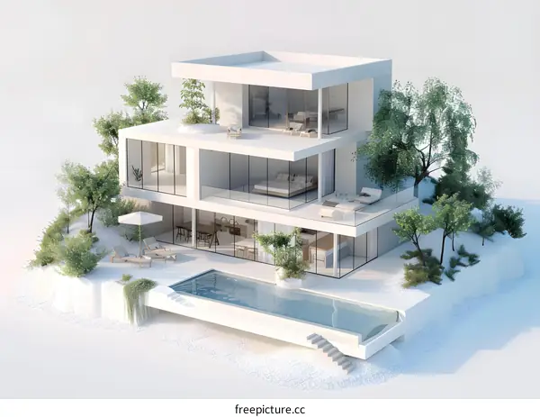Modern Minimalist White Villa with Pool and Trees