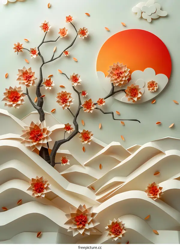 paper cut flower and mountain