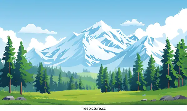 Mountain Landscape Illustration with Green Trees and Snowy Peaks