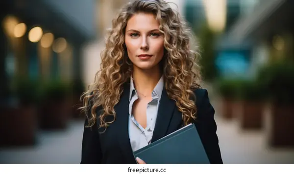 Confident young businesswoman with curly blonde hair and blue eyes standing in an urban setting