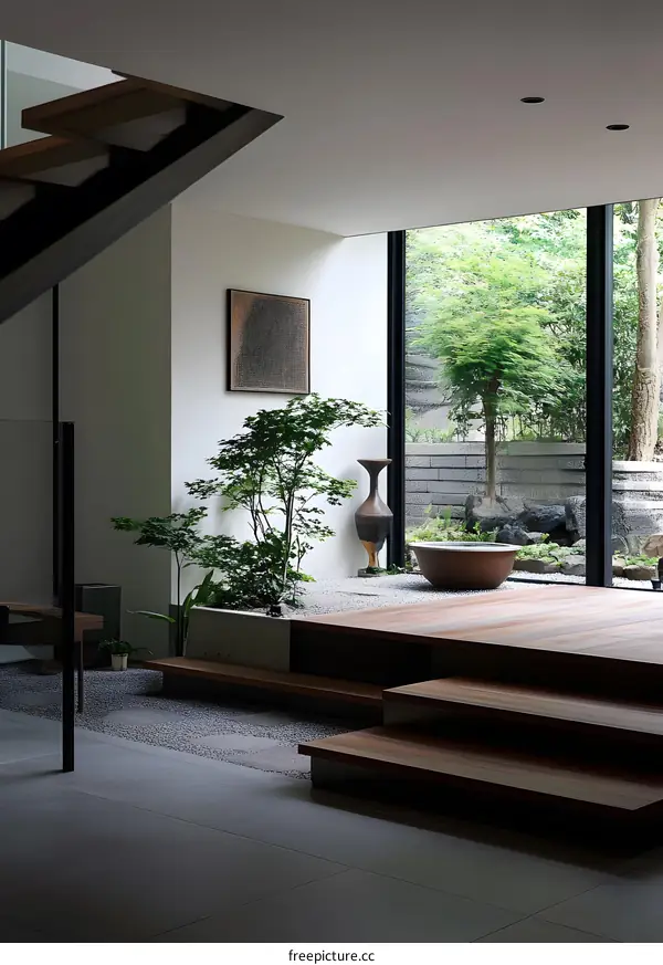 Modern Minimalist Interior Design with Wooden Steps and a Zen Garden View