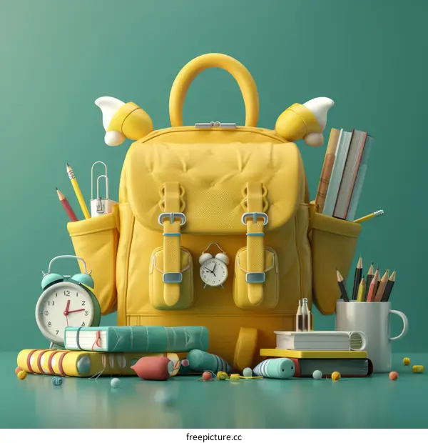 Cute yellow schoolbag with books and stationery