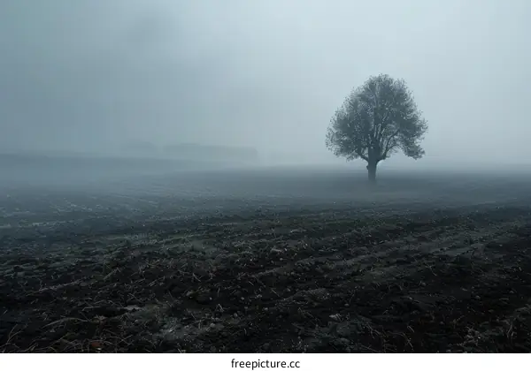 Tree in the middle of a foggy field