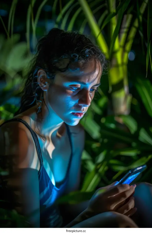 Young woman in swimsuit using smartphone in the jungle at night