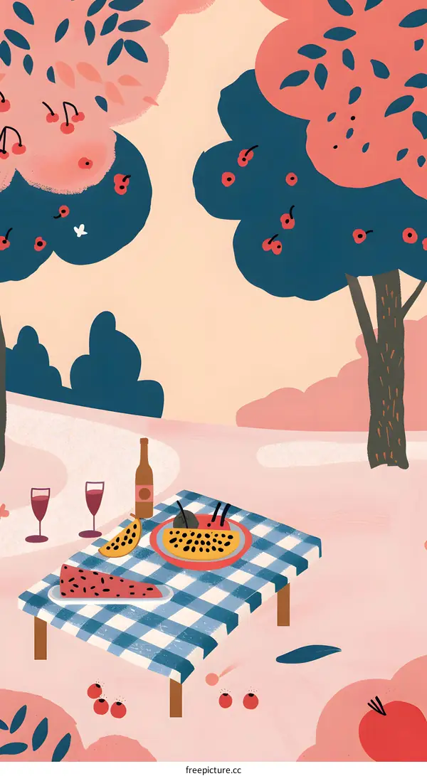 Picnic in the Orchard with Fruit, Wine, and a Checkered Tablecloth