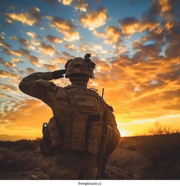 Soldier saluting at sunset