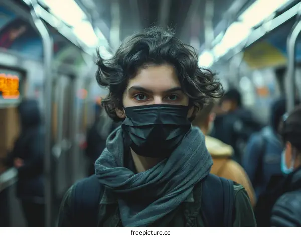 A young man wearing a mask is looking at the camera.