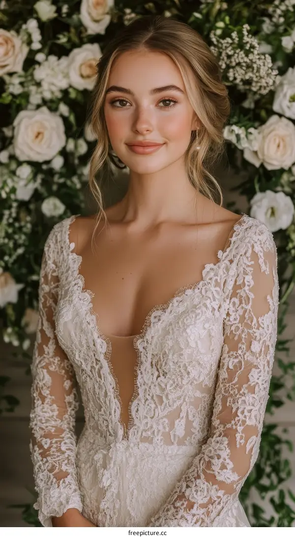 Beautiful Bride in Elegant Lace Wedding Dress