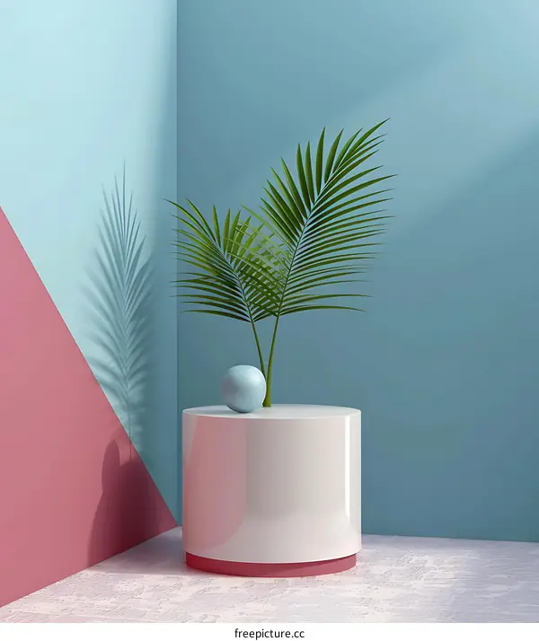 Minimalist Interior Design with Blue Wall and Palm Leaf