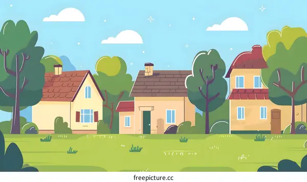 Cartoon Illustration Of A Row Of Houses In A Village