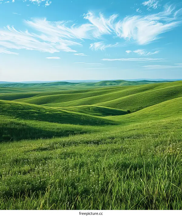 Green rolling hills under blue sky with white clouds