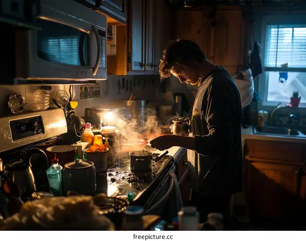 Young man cooking in a dimly lit kitchen