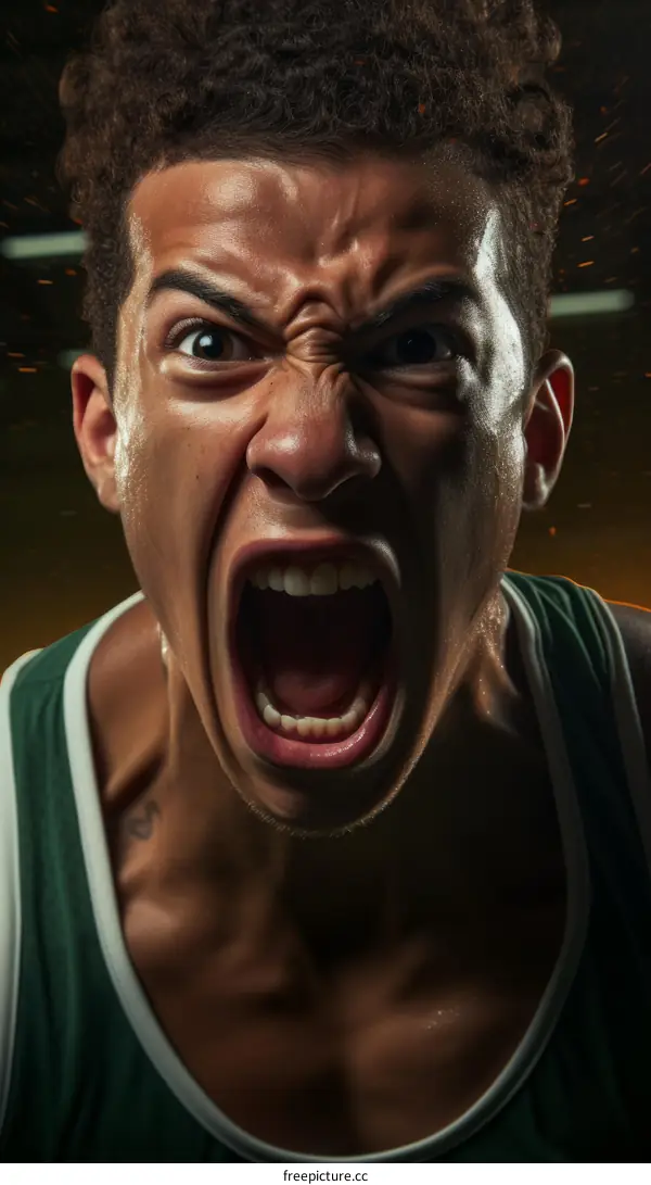 Portrait of a young African-American basketball player screaming in怒吼的中非裔美国篮球运动员 close-up