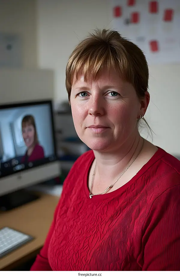Woman in Red Shirt Looking at the Camera During a Video Call