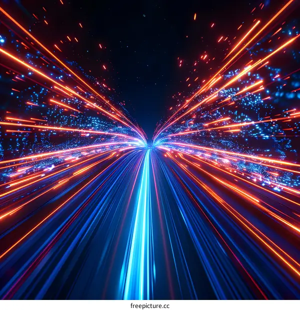 Blue and orange glowing light streaks in space