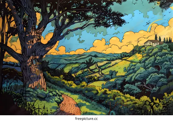 Beautiful Hand Drawn Illustration of a Landscape with a Large Tree and Rolling Hills