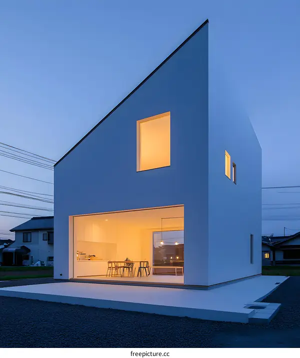 Modern White House with Large Windows and Yellow Lights
