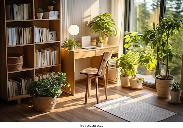 A wooden desk and chair in a home office surrounded by plants and bookshelves