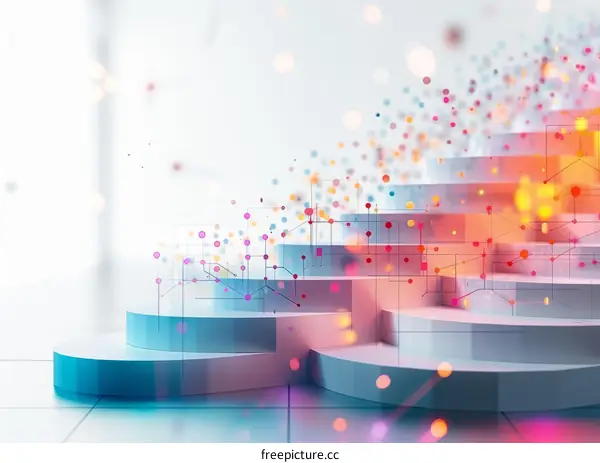 Abstract digital background with glowing light particles. Staircase shaped glowing lines
