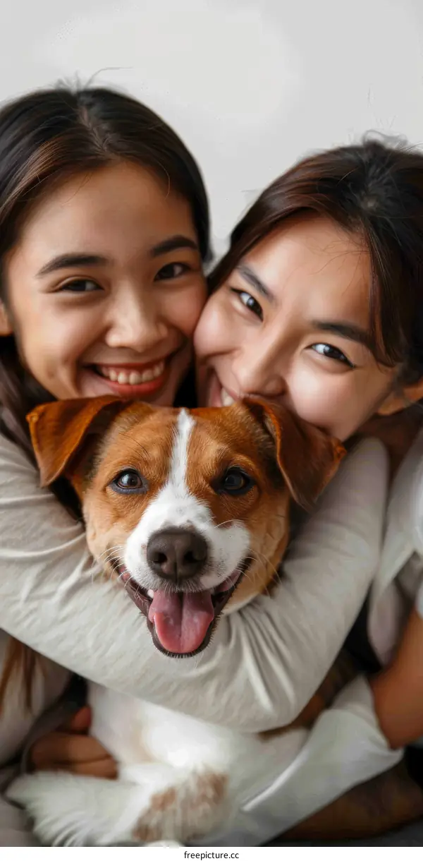 Two Asian women hugging a dog